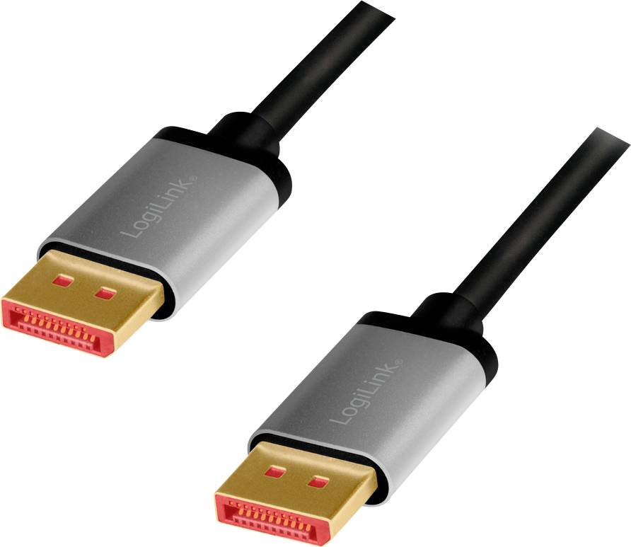 Twee zwarte DisplayPort-kabels met zilveren en rode aansluitingen, geschikt voor het aansluiten van monitoren en computers.