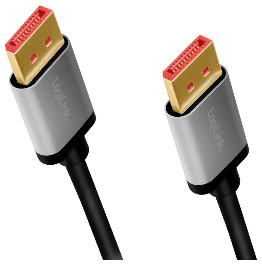 Twee zwarte DisplayPort-kabels met zilveren aansluitingen en rode verbindingsstekers; 'LogiLink' is gegraveerd op de aansluitingen.