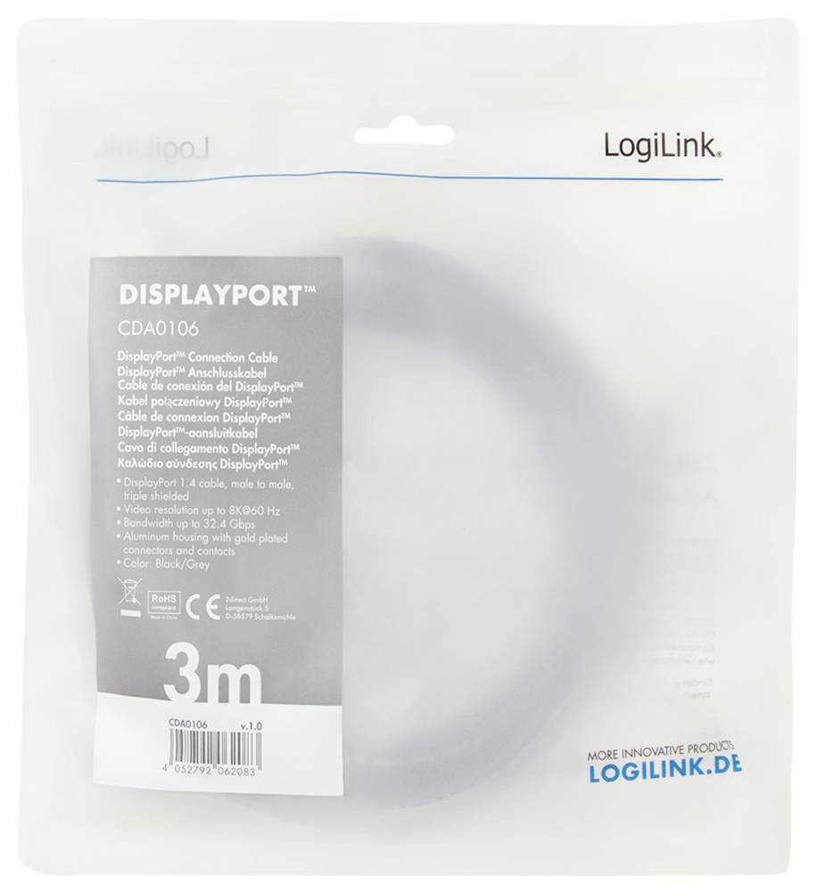 LogiLink DisplayPort AV Aansluitkabel [1x DisplayPort - 1x DisplayPort] 3 m Zwart/grijs-2