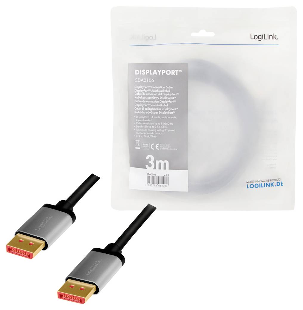 DisplayPort-kabel, 3 meter lang, van LogiLink. Verpakking toont productdetails en merklogo. Geschikt voor video- en audiooverdracht.