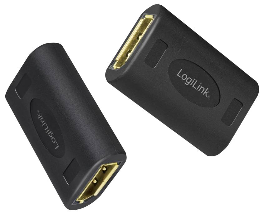 Twee zwarte HDMI-adapters met gouden aansluiting, van het merk 'LogiLink', op een witte achtergrond.