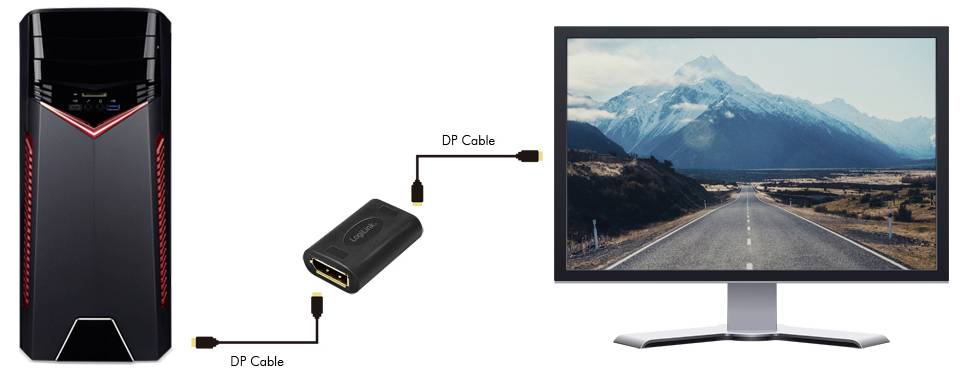 Een computer is verbonden met een monitor via een DP-kabel en een adapter. Op de monitor is een landschap met bergen te zien.
