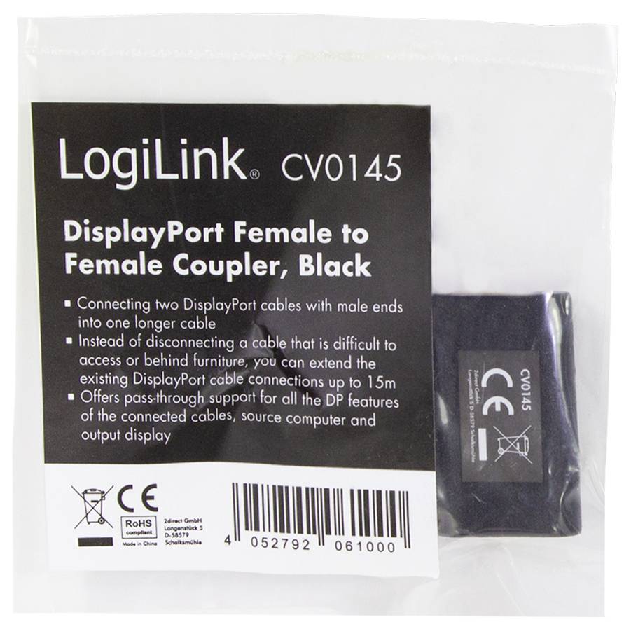 LogiLink DisplayPort-adapter, vrouwelijk naar vrouwelijk, zwart. Verbinding van twee kabels tot een lengte van maximaal 15m.
