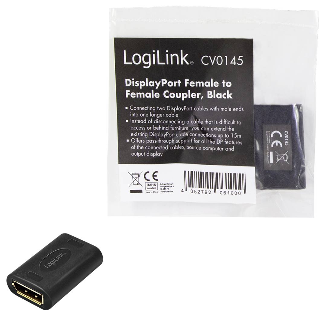 Een zwarte DisplayPort-koppelstuk van LogiLink in een transparante zak. Tekst op de zak geeft informatie over het verbinden van twee DisplayPort-kabels.