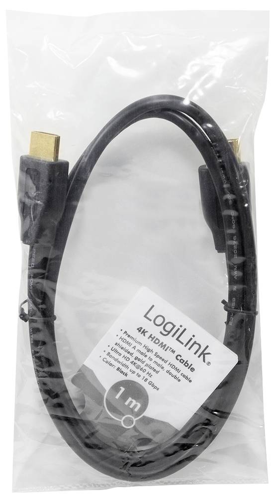 Zwarte HDMI-kabel van 1 m lengte in transparante verpakking. Etiket toont: 'LogiLink - 4K HDMI-kabel - 1 m'.