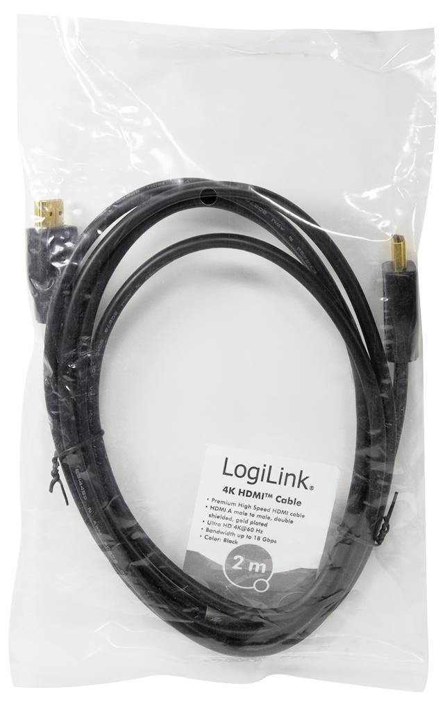 Een verpakte LogiLink 4K HDMI-kabel van 2 meter. De verpakking toont de productnaam en specificaties.