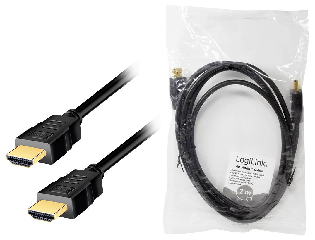 Twee zwarte HDMI-kabels met gouden aansluitingen, waarvan één verpakt in een transparante zak met het opschrift 'LogiLink 4K HDMI-kabel, 2m'.