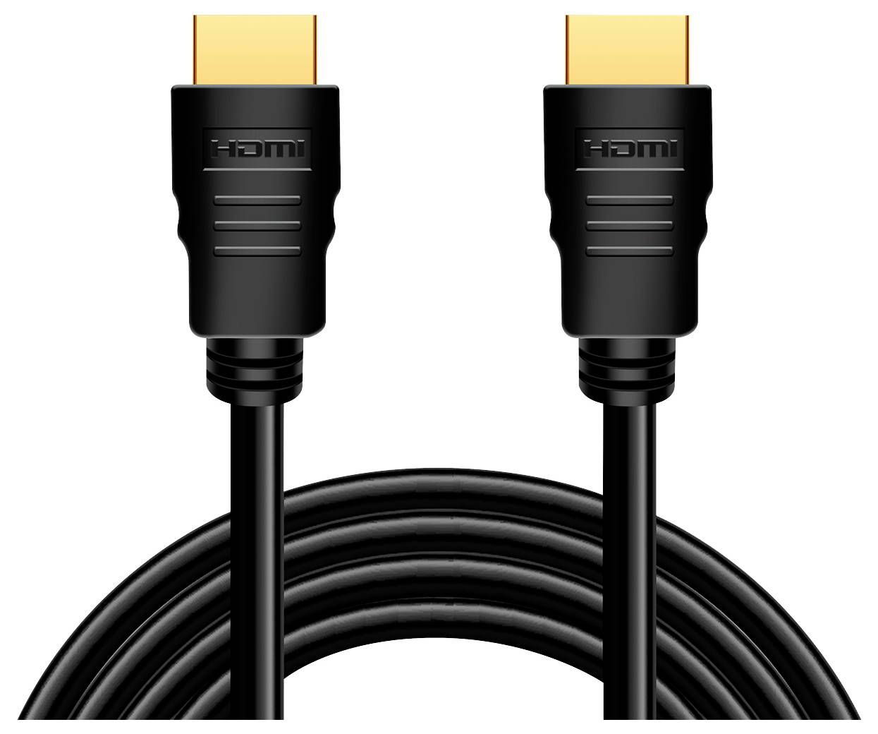 Een zwarte HDMI-kabel met twee connectoren met vergulde contactpunten, die wordt gebruikt voor het verbinden van audio- en videobronnen.
