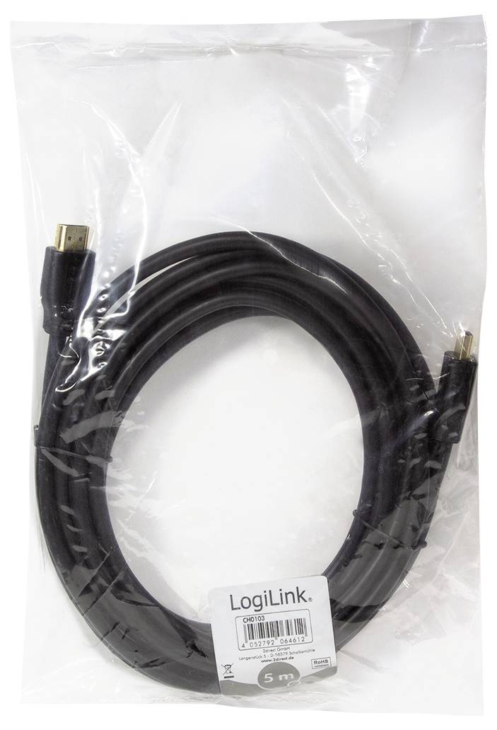 Een 5-meter HDMI-kabel van LogiLink in een transparante plastic verpakking, geschikt voor het aansluiten van audio- en videoapparatuur.