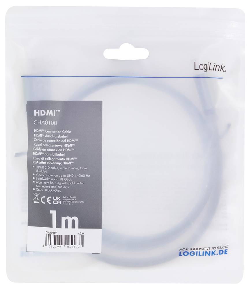 Een transparante verpakking bevat een 1 meter lang HDMI-kabel van LogiLink. De achterkant toont productinformatie en specificaties.