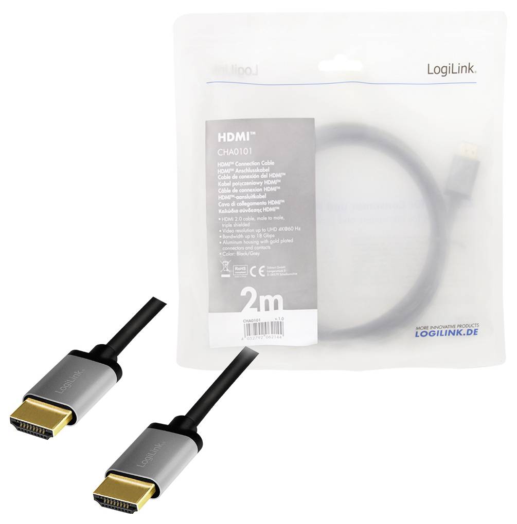 LogiLink HDMI-kabel 2 m in transparante verpakking, toont zwarte kabel met zilveren aansluitingen, geschikt voor video- en audioverbindingen.