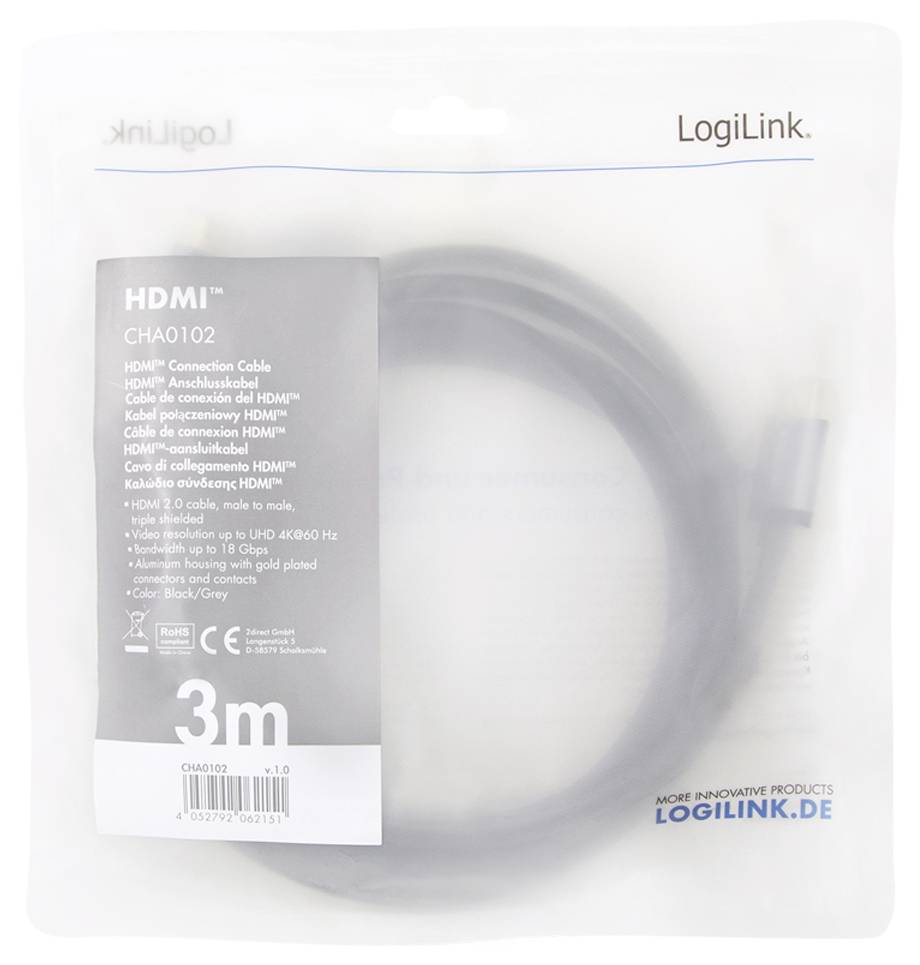Een grijs HDMI-kabel van LogiLink in een transparante verpakking. Lengte: 3 meter. Ondersteunt 4K bij 60 Hz. Geschikt voor HD-verbindingen.