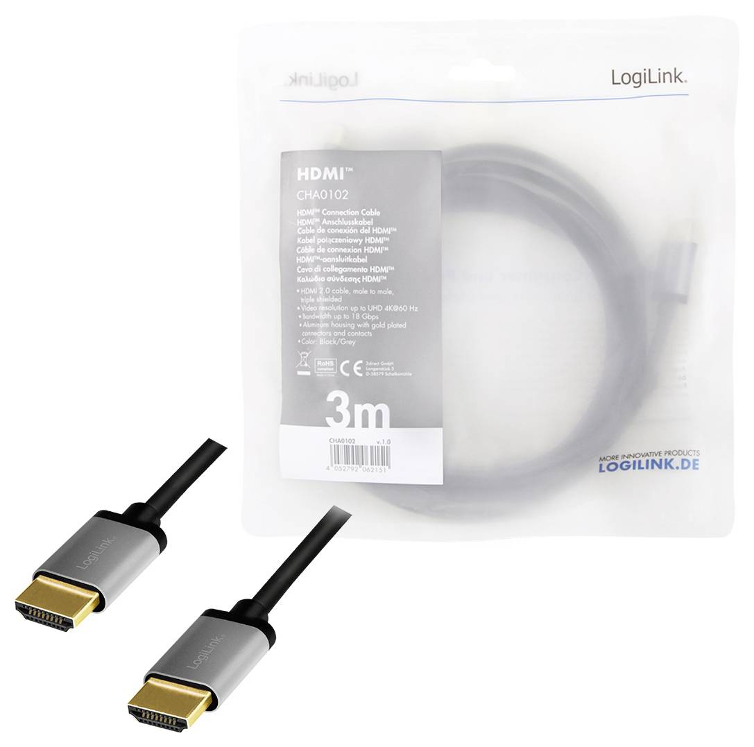HDMI-kabel van LogiLink, 3 meter lang, in verpakking. Geschikt voor overdracht van audio en video tussen apparaten met HDMI-aansluitingen.