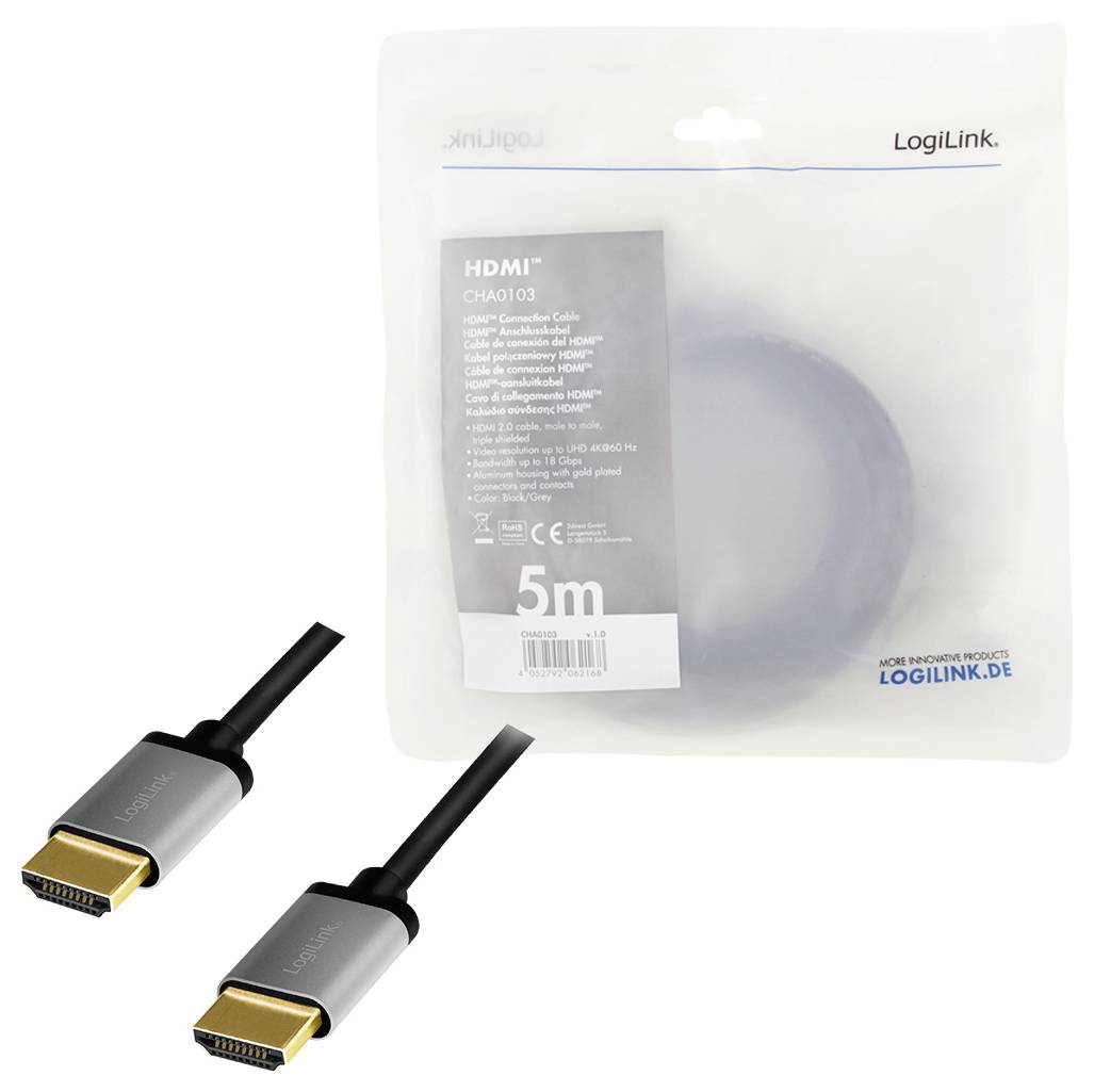 Een HDMI-kabel van 5 meter lang, met twee HDMI-stekkers op de voorgrond. Verpakking op de achtergrond met productdetails en bedrijfslogo.