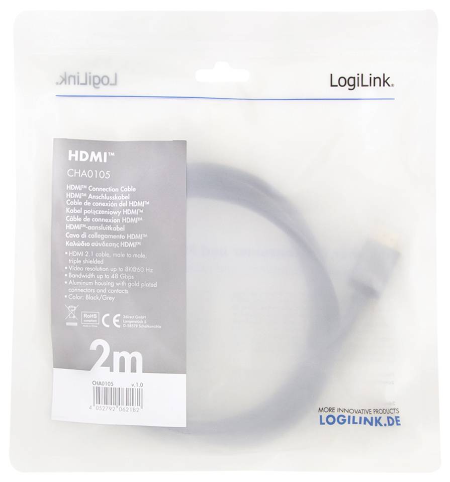 Product packaging for a 2-meter long HDMI cable by LogiLink, model CHA0105, featuring a multilingual product description and CE marking.