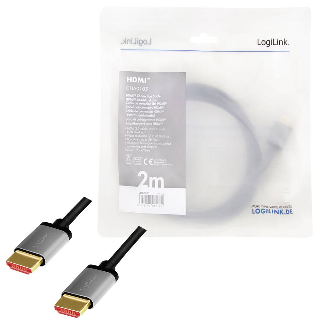 'HDMI High Speed kabel met Ethernet, 2m, LogiLink, geschikt voor HDTV, 3D, 4K, Audio-retourkanaal, ondersteunt hoge resoluties.'