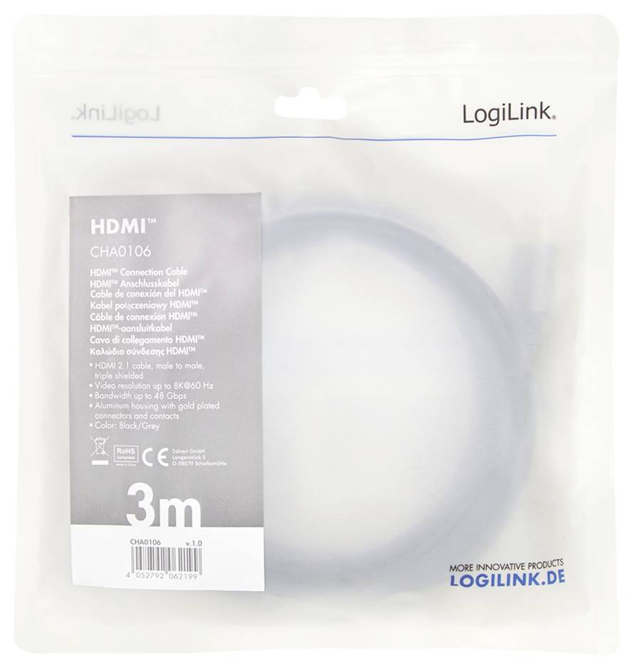 Verpakking van een HDMI-kabel van het merk LogiLink. Opdruk: '3m HDMI aansluitkabel, HD1080p, compatibel met HDMI High-Speed Standard'.