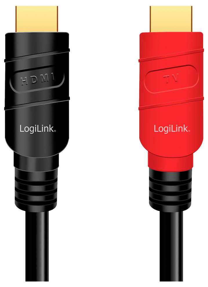 Twee HDMI-kabels met opschriften 'HDMI1' op een zwarte stekker en 'TV' op een rode stekker; beide van het merk LogiLink.
