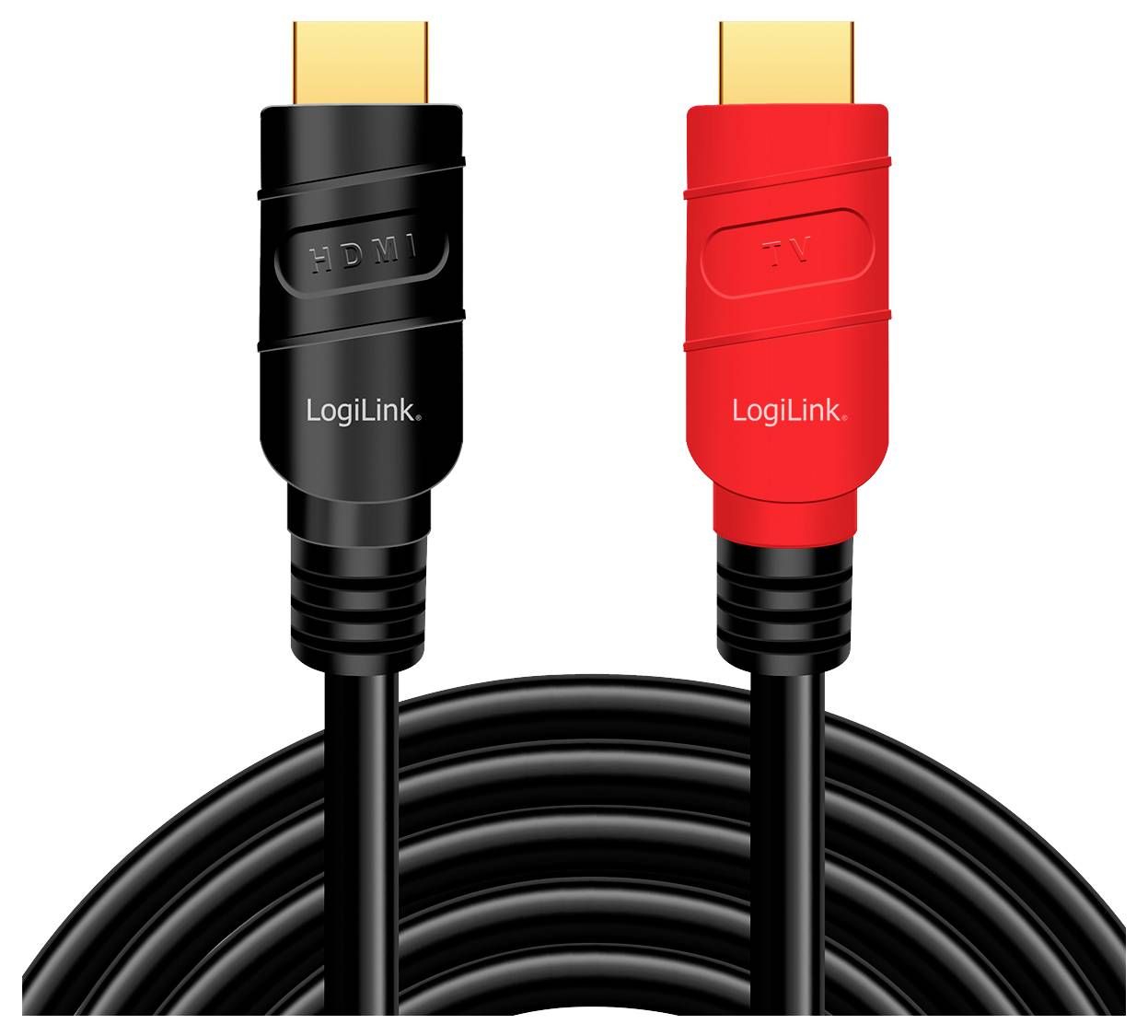 'Twee HDMI-kabels met labels "HDMI" en "TV". Eén is zwart, de andere rood. Beide zijn van het merk LogiLink.'