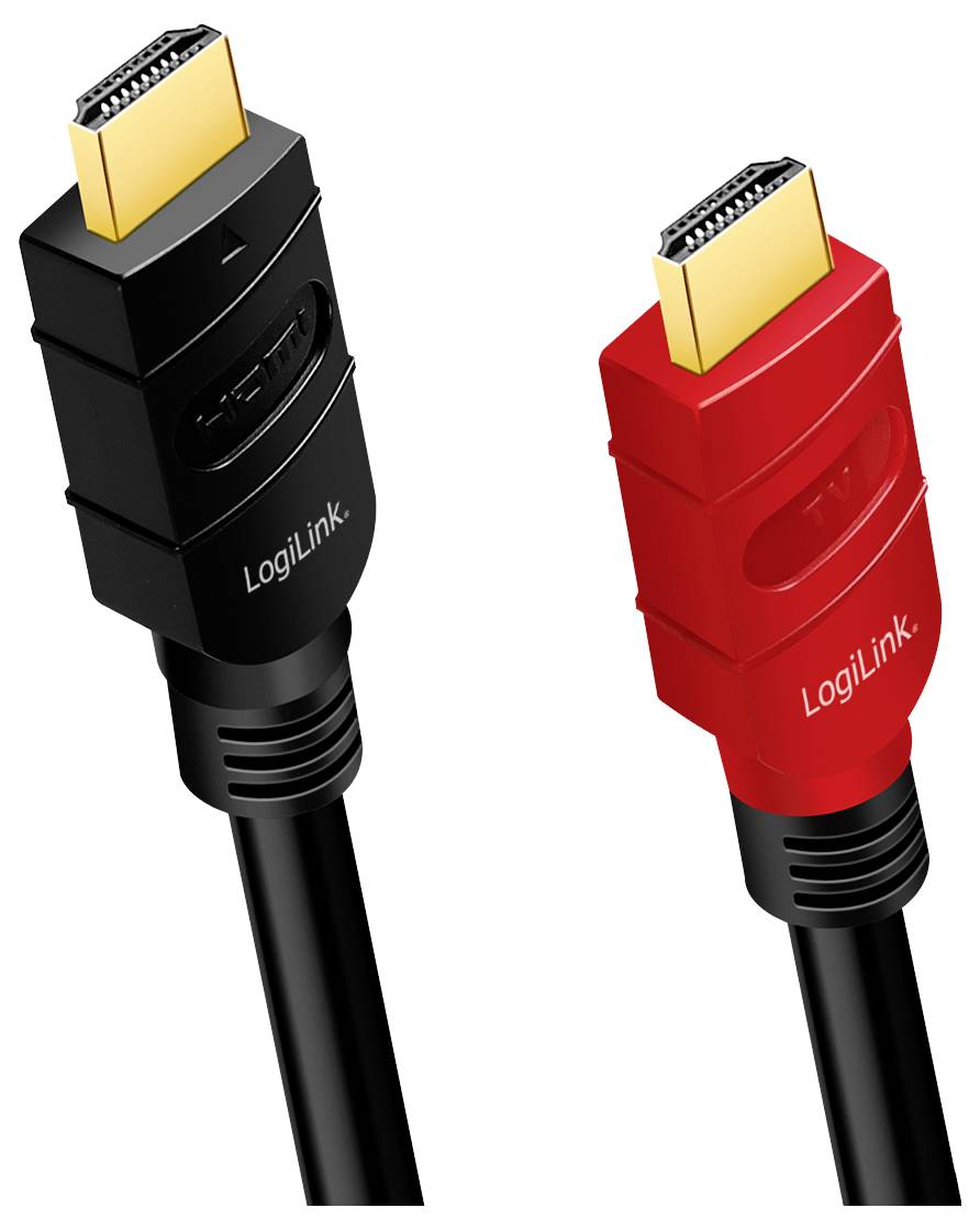 Een zwart en een rood HDMI-kabel van LogiLink. Beide kabels hebben gouden connectoren en zijn naast elkaar afgebeeld.