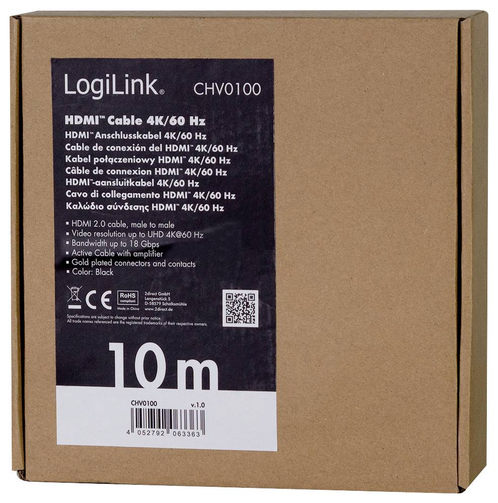 Kartonverpakking van een 10 m HDMI-kabel met 4K/60 Hz van LogiLink. Details zoals 'HDMI 2.0' en 'Bandbreedte tot 18 Gbps' zijn vermeld.
