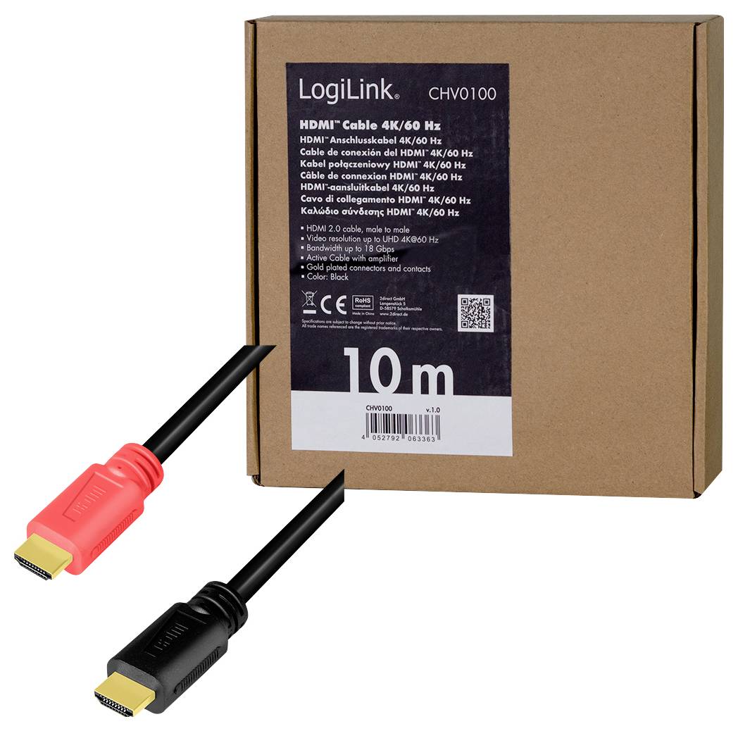 Kartonnen verpakking met de tekst 'LogiLink HDMI-kabel 10m'. Twee HDMI-kabels zichtbaar, een met rode, de andere met zwarte stekker.
