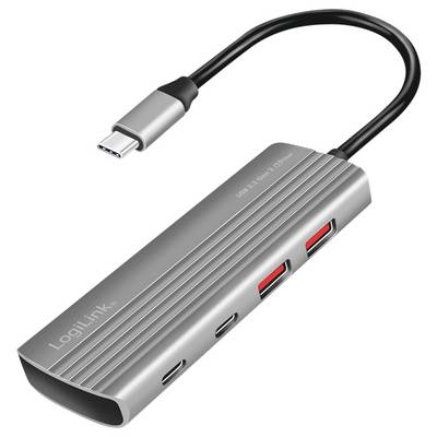 Een zilveren USB-C-hub met meerdere poorten, waaronder USB-A en USB-C, ideaal voor het uitbreiden van de aansluitingsmogelijkheden van een computer.