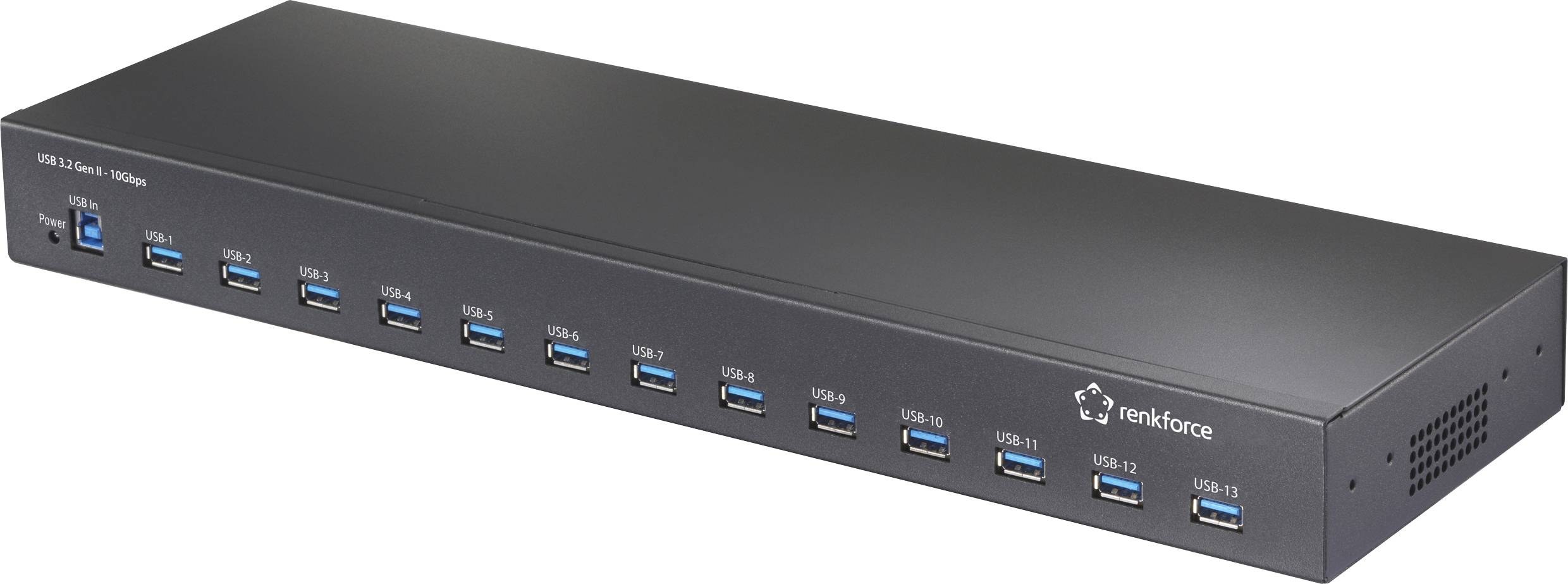 Een zwarte USB-hub met 13 USB 3.0 poorten, gelabeld van USB 1 tot USB 13, gemaakt door renkforce. Het apparaat is ontworpen voor eenvoudige aansluiting.