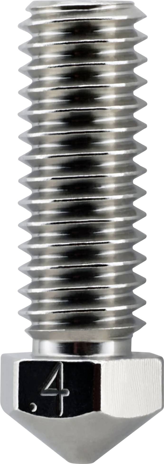 Close-up van een glanzende metalen schroefbout met een puntige tip en zeshoekige basis, gemarkeerd met het getal '4'.