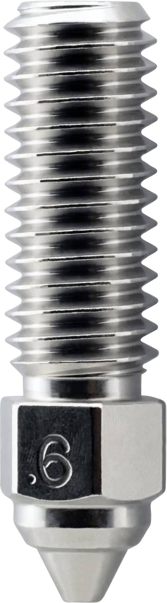 Close-up van een metalen schroef of spuitmondstuk met schroefdraad met zeskantige moerenbasis en puntige punt, verticaal weergegeven op een witte achtergrond.