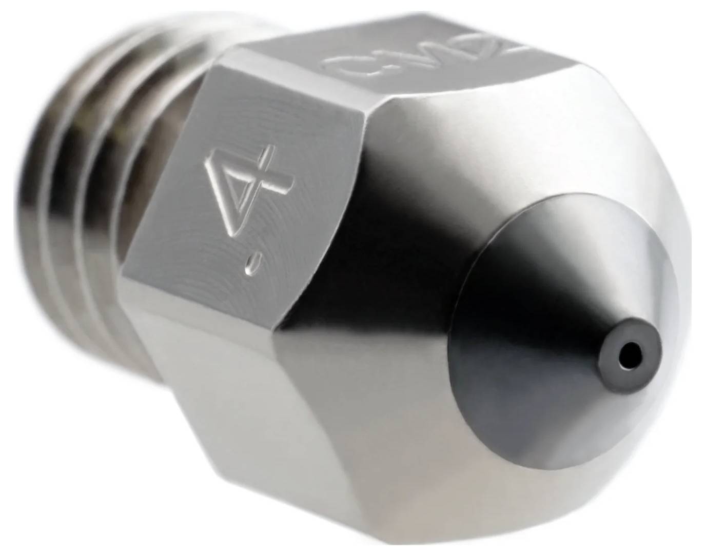 Close-up van een metalen 3D-printerkop met gegraveerde markeringen en een klein gecentreerd puntje op een witte achtergrond.