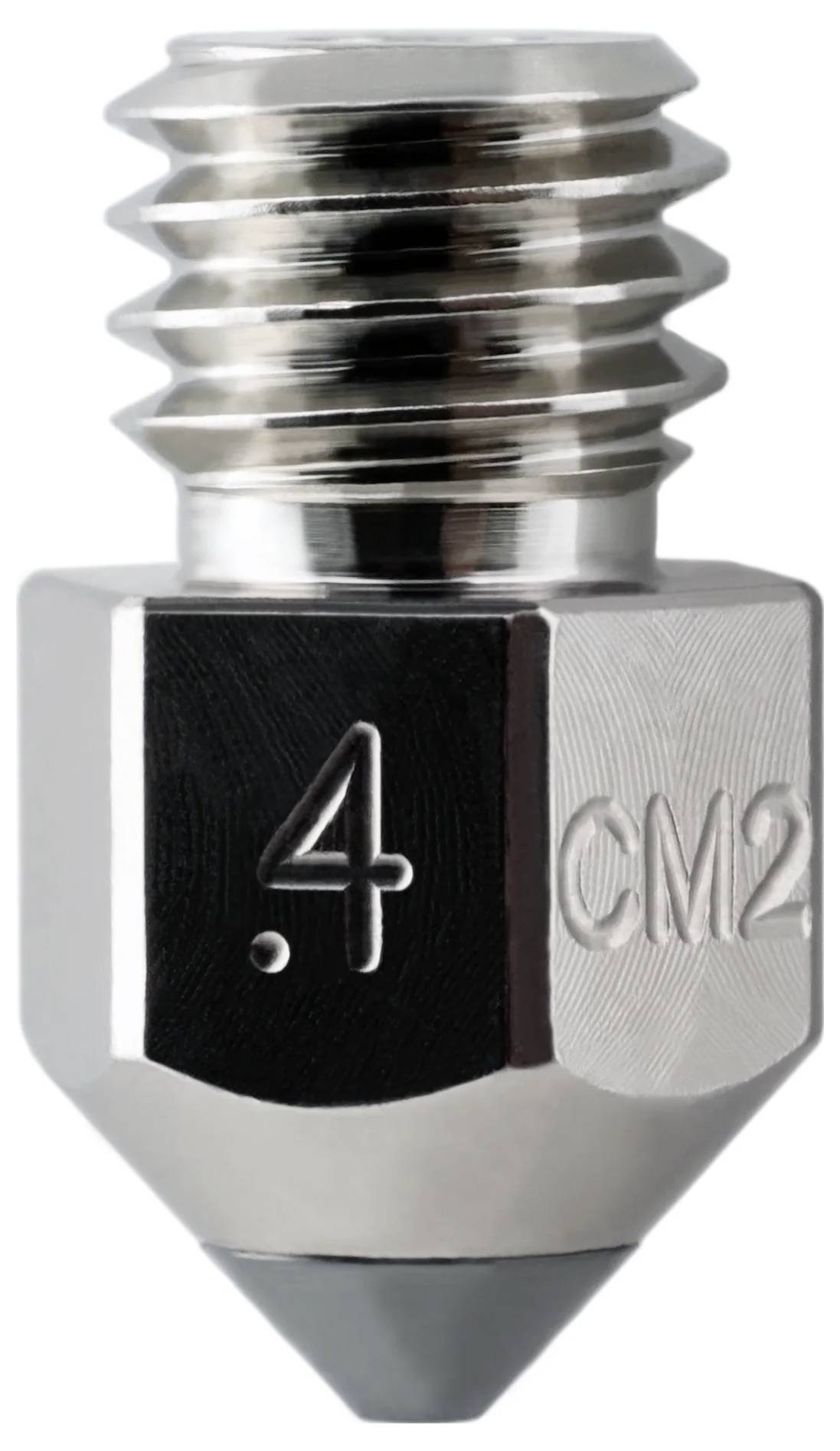 Close-up van een metallische 3D-printerkop gelabeld '4. CM2', weergegeven tegen een witte achtergrond.