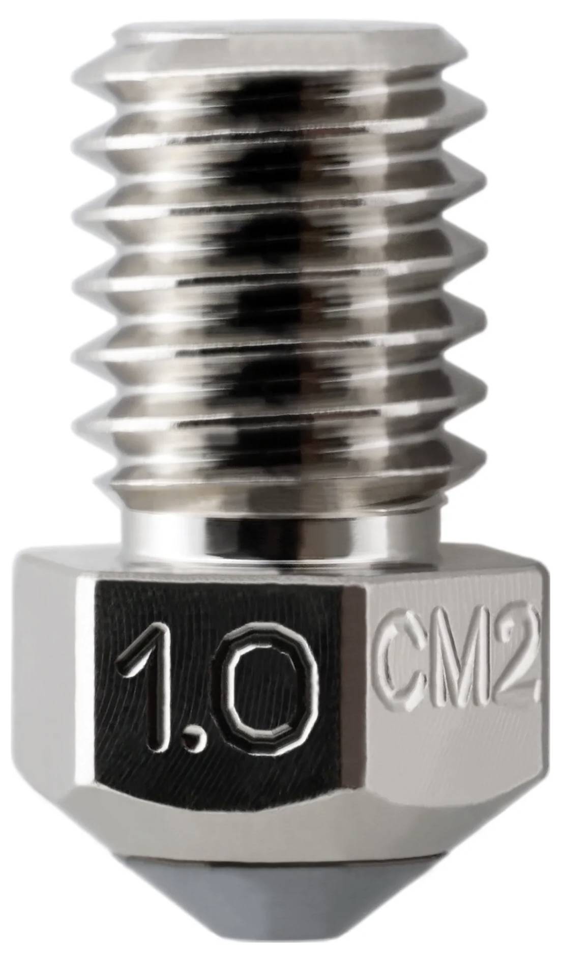 Close-up van een metalen 3D-printerkop gemarkeerd met '1.0 CM2'.