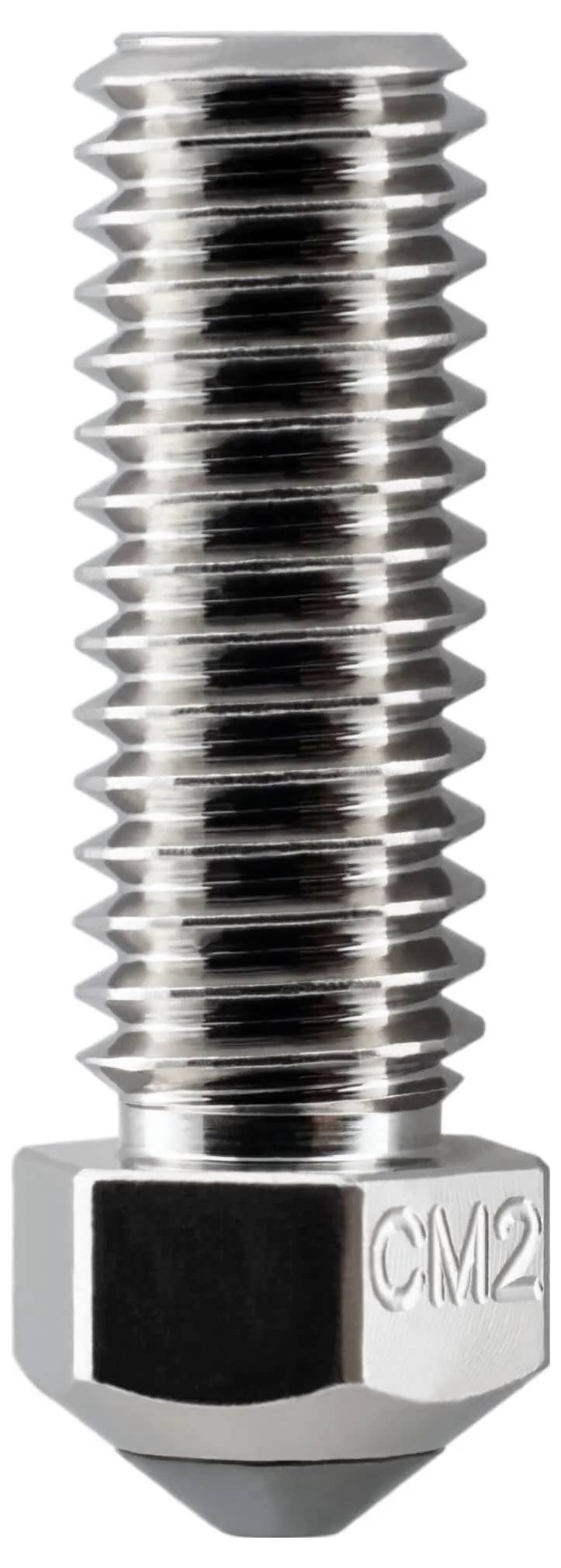 Close-up van een glanzende metalen schroef of bout met draad en zeskantige basis, gelabeld 'CM2'.