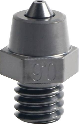 Close-up van een metalen spuitstuk of vet aansluitstuk met een schroefdraad basis, gemarkeerd met '90'.