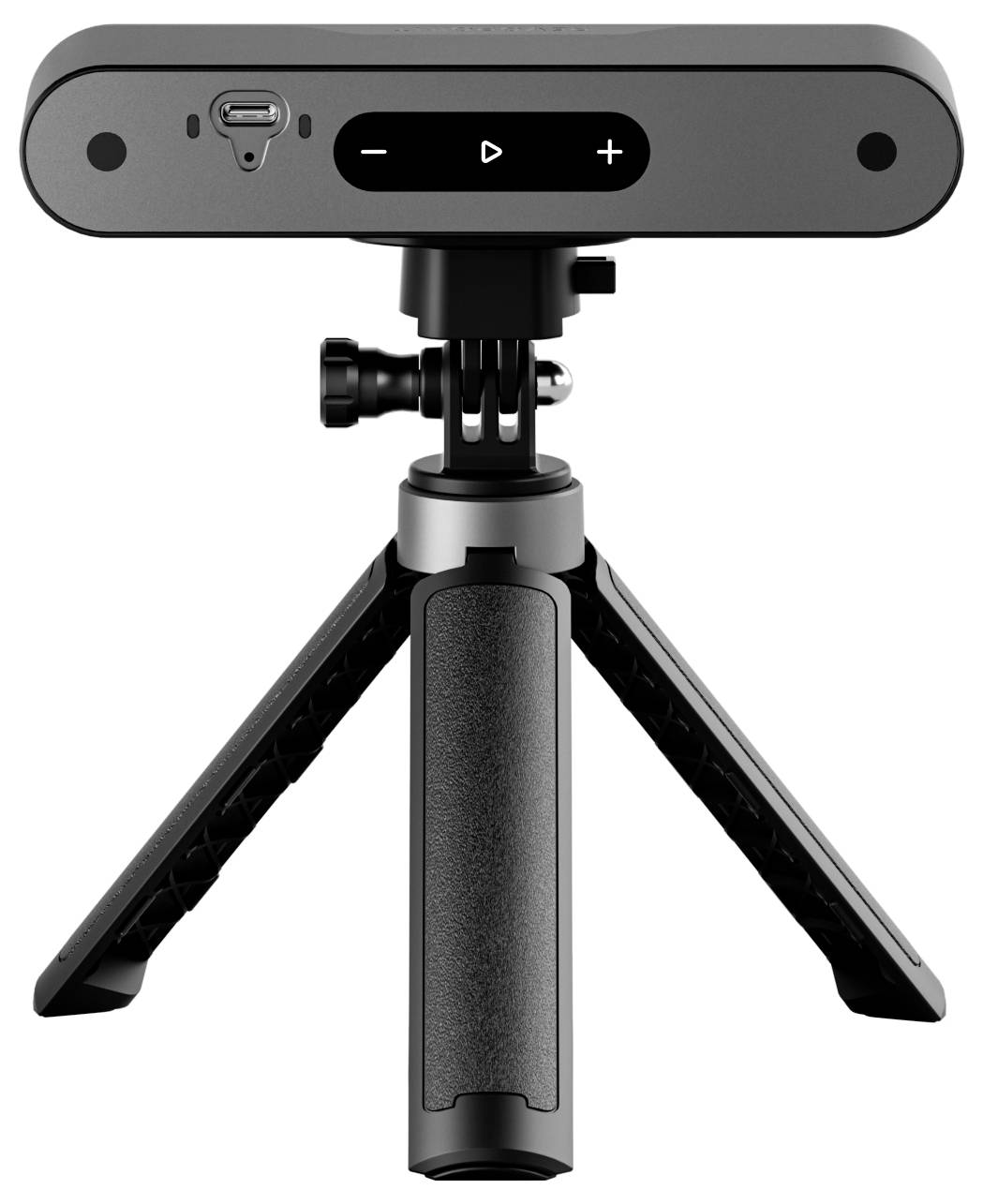 Een zwarte camera op een mini-statief met bedieningsknoppen voor afspelen en volume. Ideaal voor het opnemen van video's of videogesprekken.