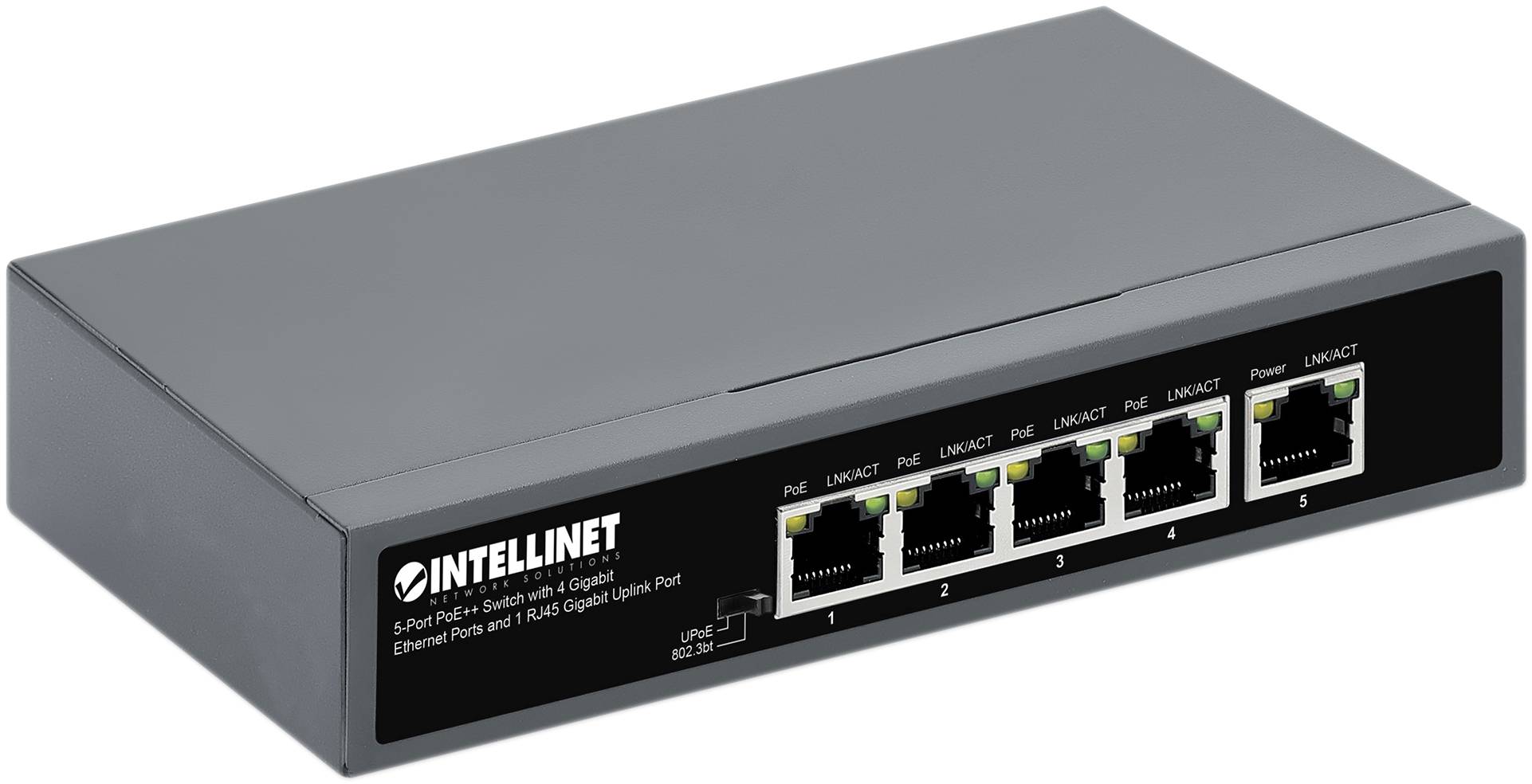 De Intellinet 5-Poorts PoE+ Switch met Gigabit-snelheid, geschikt voor het uitbreiden van netwerken en voeding via Ethernet.