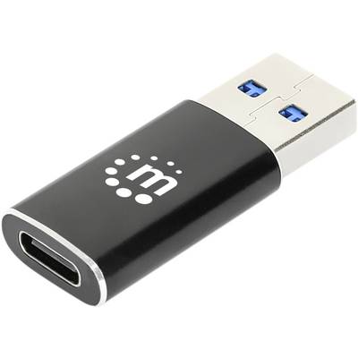 USB-adapter met zwarte behuizing en USB-C naar USB-A aansluiting, liggend op een witte oppervlakte.