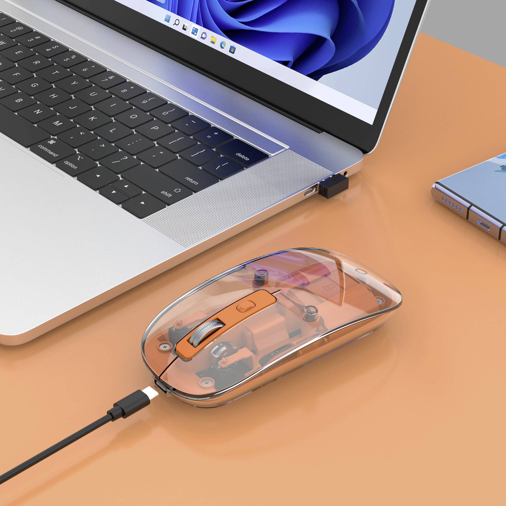 Manhattan Muis Draadloos Optisch Transparant, Oranje 4 Toetsen 800 dpi, 1200 dpi, 1600 dpi Geluidsarme toetsen, Geïntegr-3