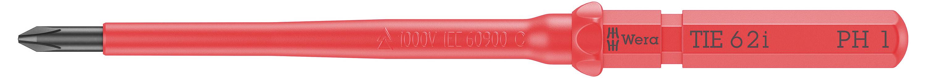 Een rode schroevendraaier met de opdruk 'Wiha TTE 621 PH 1', geschikt voor precisiewerk en gebruik bij gevoelige apparatuur.