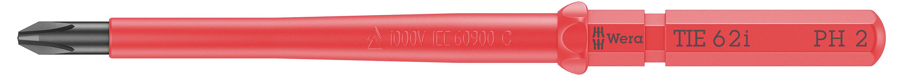 Rode Phillips-schroevendraaier met zwarte punt, waarop de handgreep 'Witte 621 PH 2' vermeldt staat.