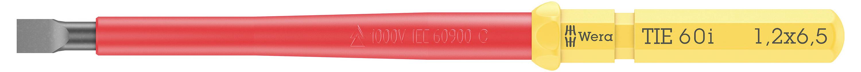 Geïsoleerde platte schroevendraaier met rode handgreep en gele kop, opschrift 'TTIE601 1,2x5'. Gereedschap voor elektrowerkzaamheden.