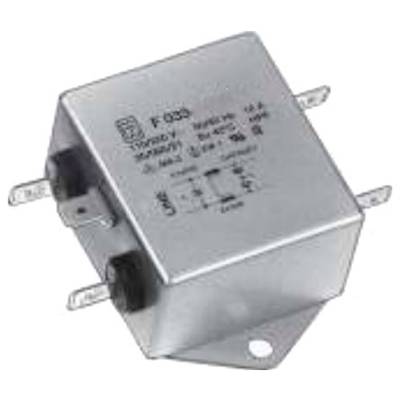 Een rechthoekige elektrische ruisonderdrukkingsfilter met metalen behuizing, vier aansluitklemmen en markeringen op de bovenkant die technische specificaties weergeven.