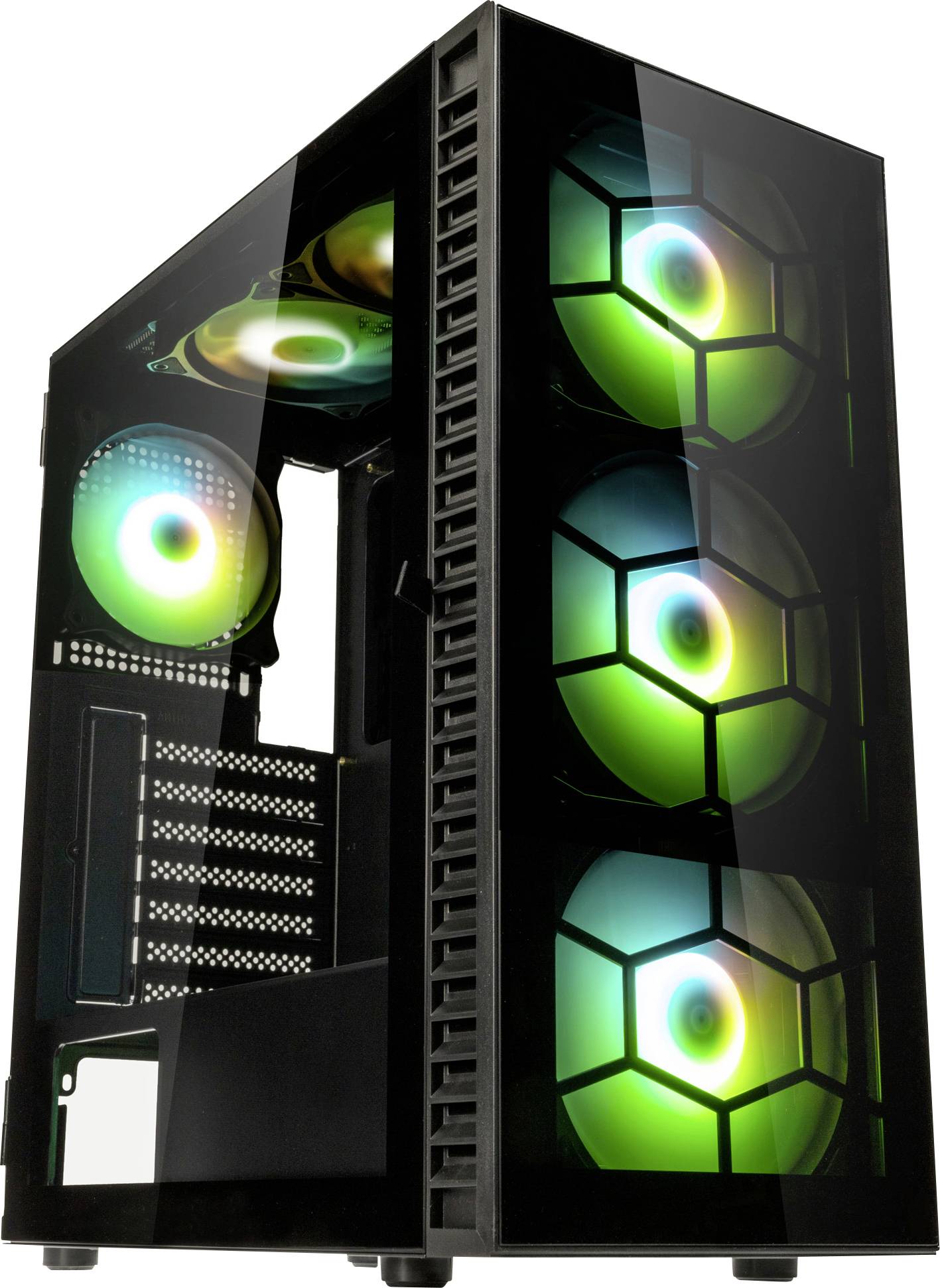Een pc-behuizing met transparante zijkanten toont kleurrijke, verlichte ventilatoren. Het benadrukt modern design en ventilatie voor gaming-pc's.