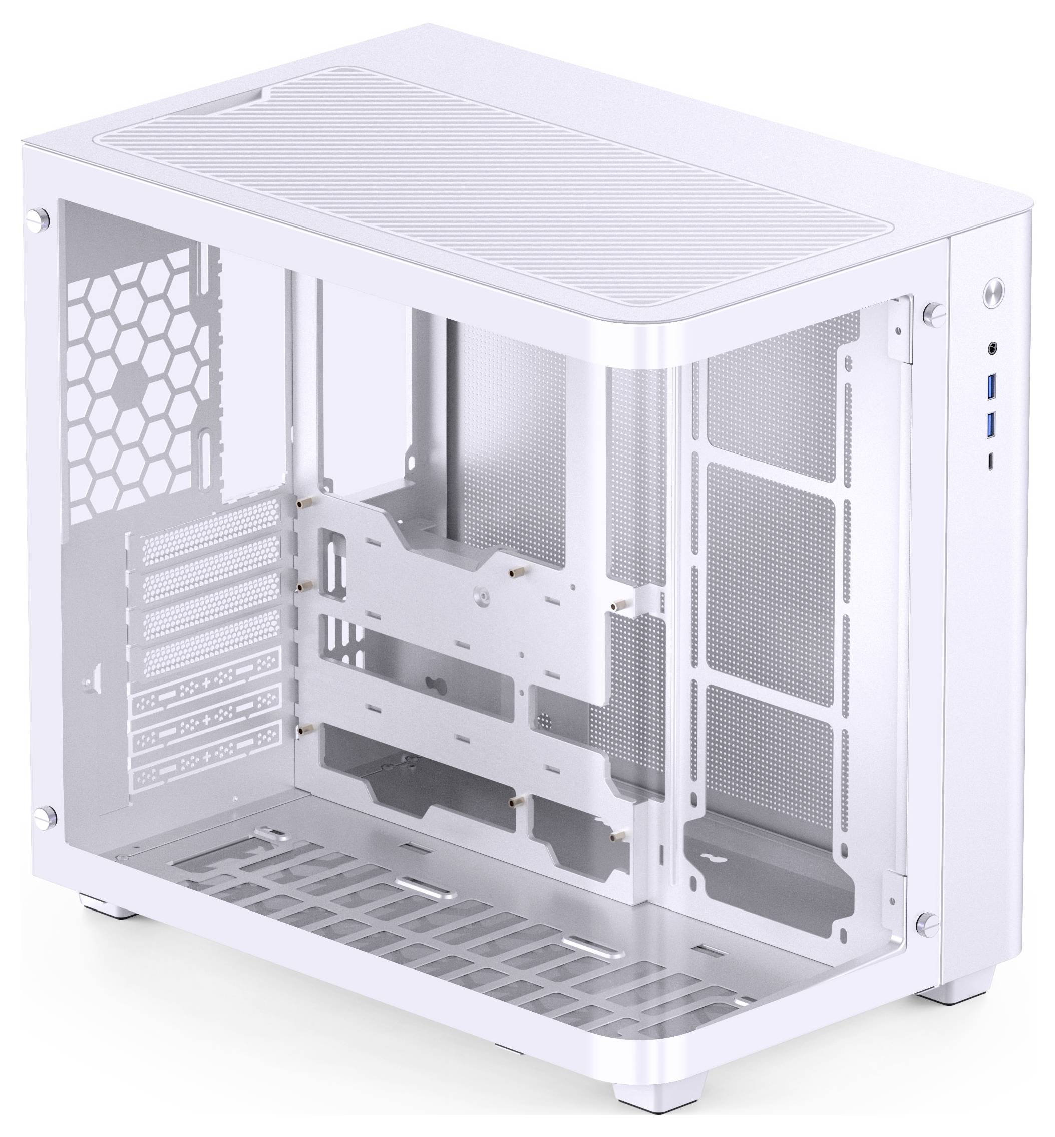 Wit computerbehuizing met een transparant zijpaneel, toont ruimte voor moederbord, ventilatoren en aansluitingen aan de rechterkant.