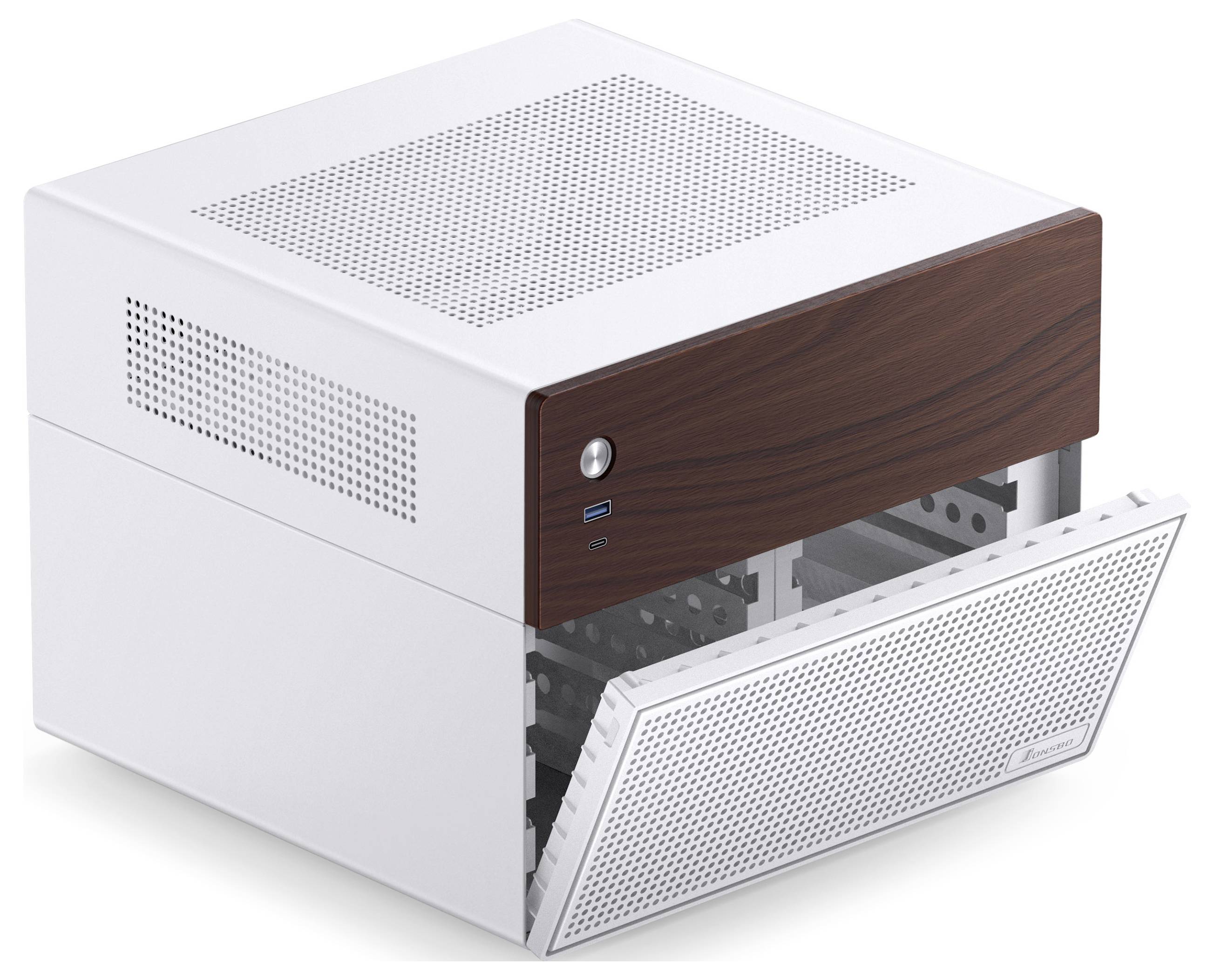 Een wit, kubisch computerbehuizing met een houten accent, gedeeltelijk geopend. Het heeft ventilatieopeningen en USB-poorten aan de voorkant.