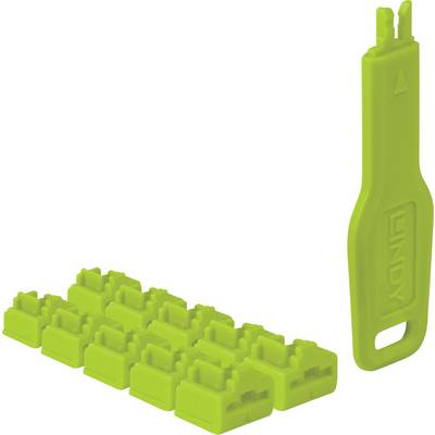 Een groen gereedschap voor indrukken en een set bijpassende draadsleuven-connectoren op een witte achtergrond.