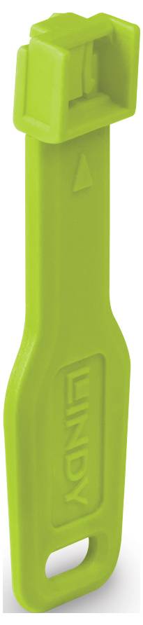 Een felgroen plastic flesopener met een rechthoekige bovenkant en een ophangsleuf aan de onderkant, afgebeeld op een witte achtergrond.