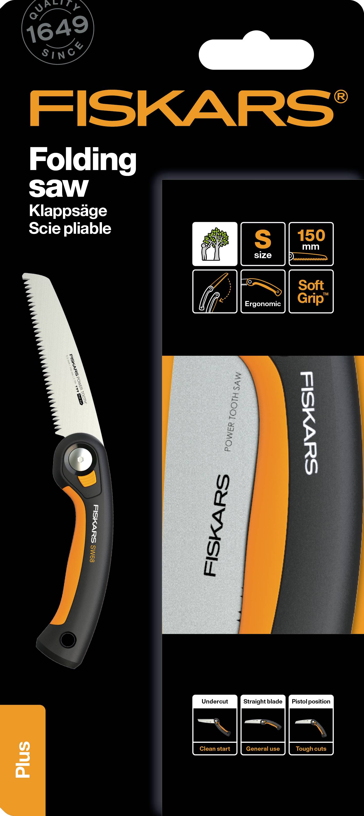 'Fiskars Vouwzaag' verpakking toont een opvouwbare zaag met een 150 mm lemmet. Bevat symbolen voor ergonomie en soft-grip.