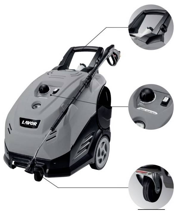 'Grijze hogedrukreiniger met zwarte handgreep en wielen. Close-ups van bedieningselementen en slangaansluiting zijn uitgelicht.'